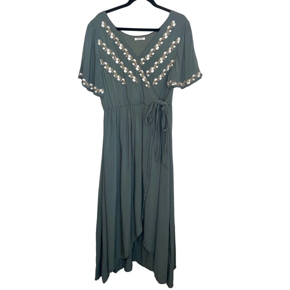 Wren & Ivory Sage Green Floral Embroidered Wrap Short Sleeve Maxi Dress Sz Large - Picture 1 of 11